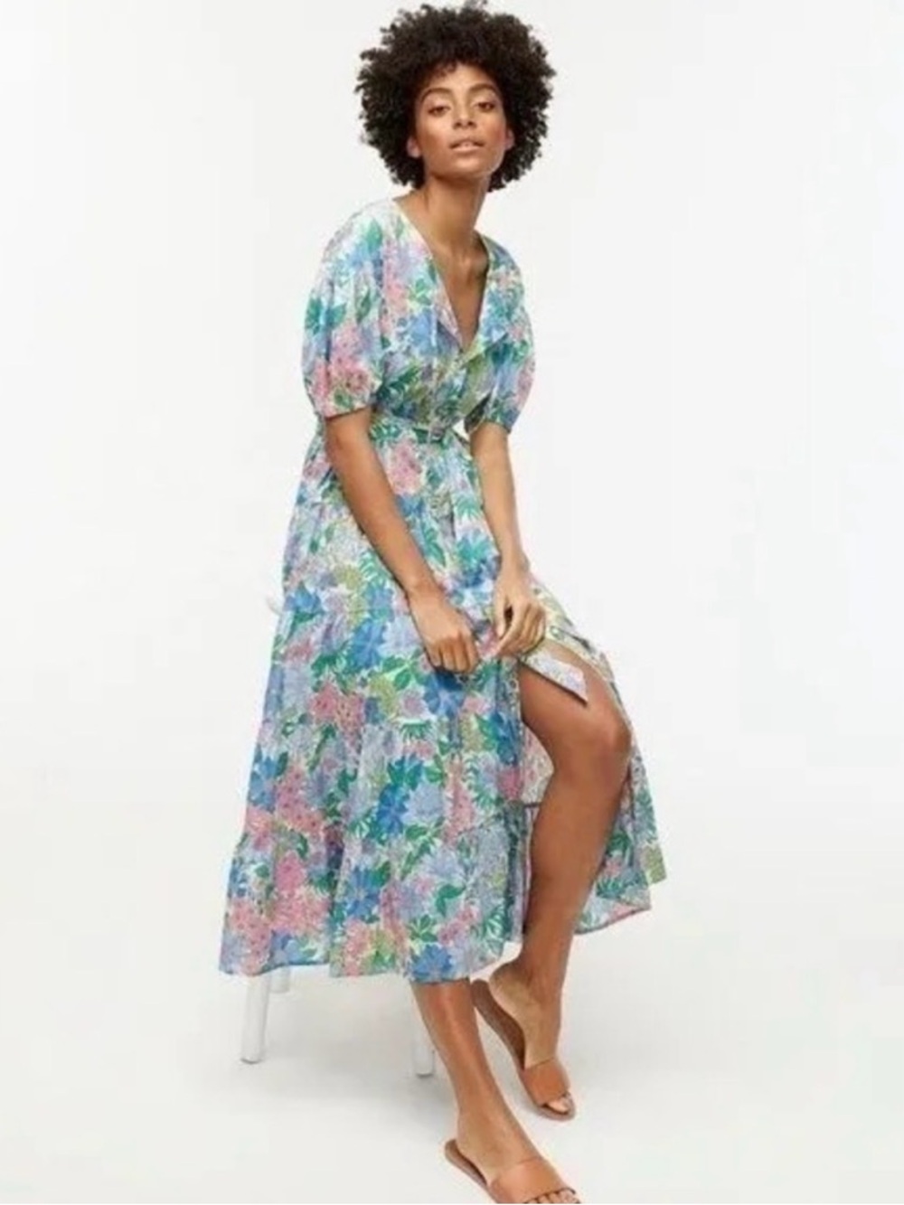 J. Crew Floral Tiered Button-Front Midi Dress in Blue & Pink Fairy Floral